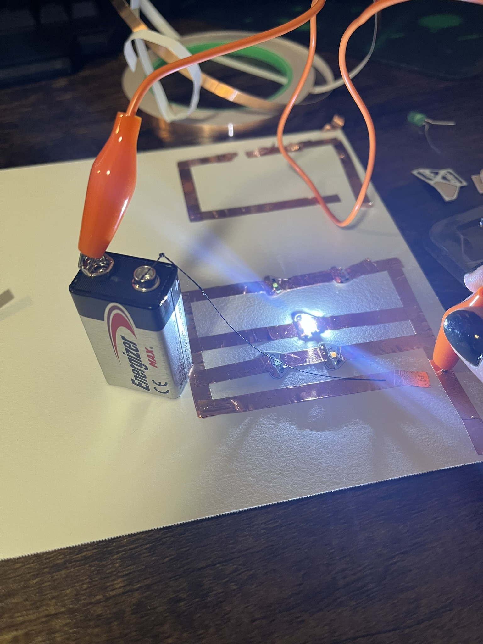 This circuit was made with alligator clips and conductive thread so that the conductive thread would not touch conductive wire too quickly.