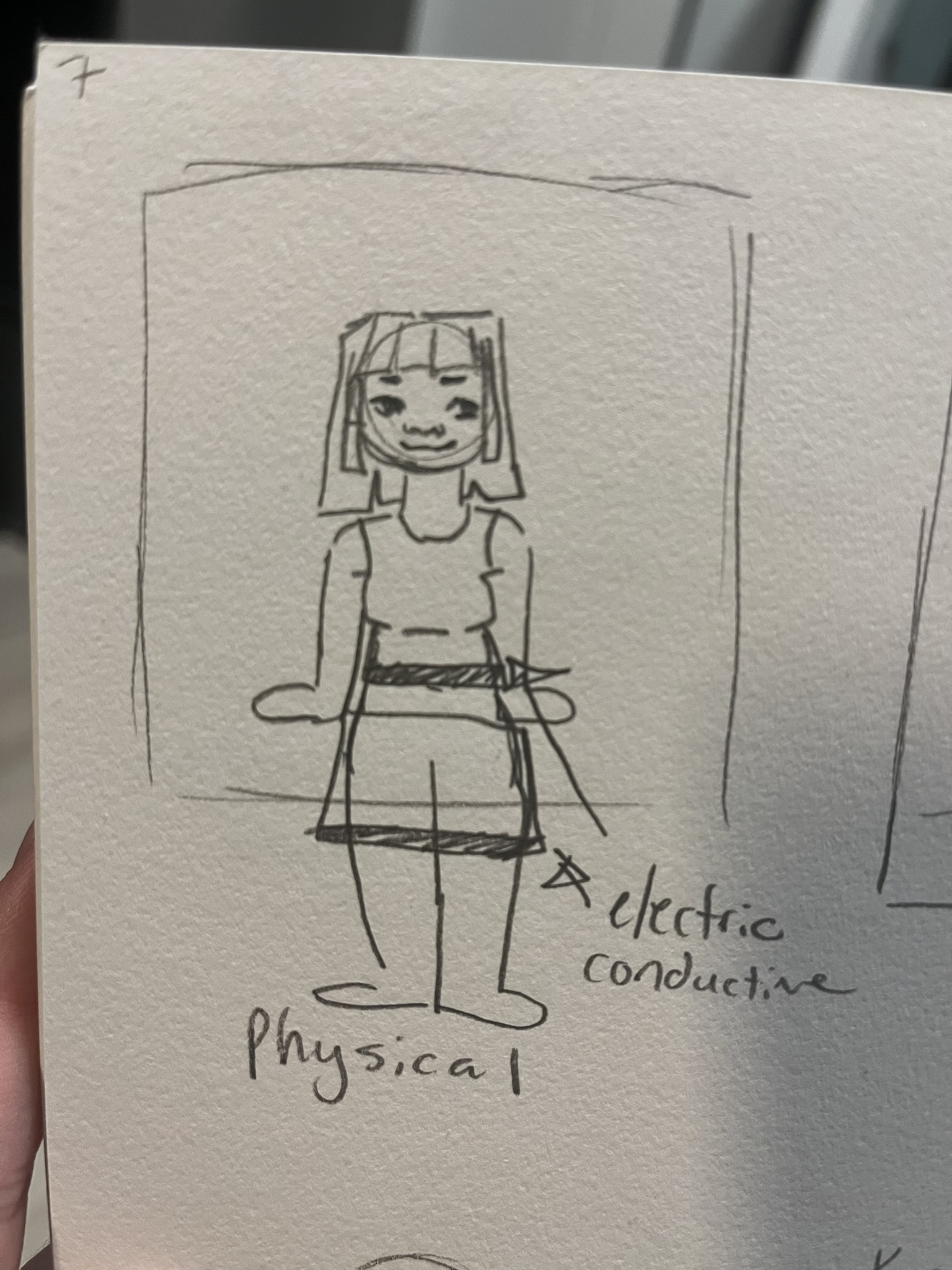 I sketched out multiple iterations of how I might make the doll conductive and how I would connect inputs to something digital.