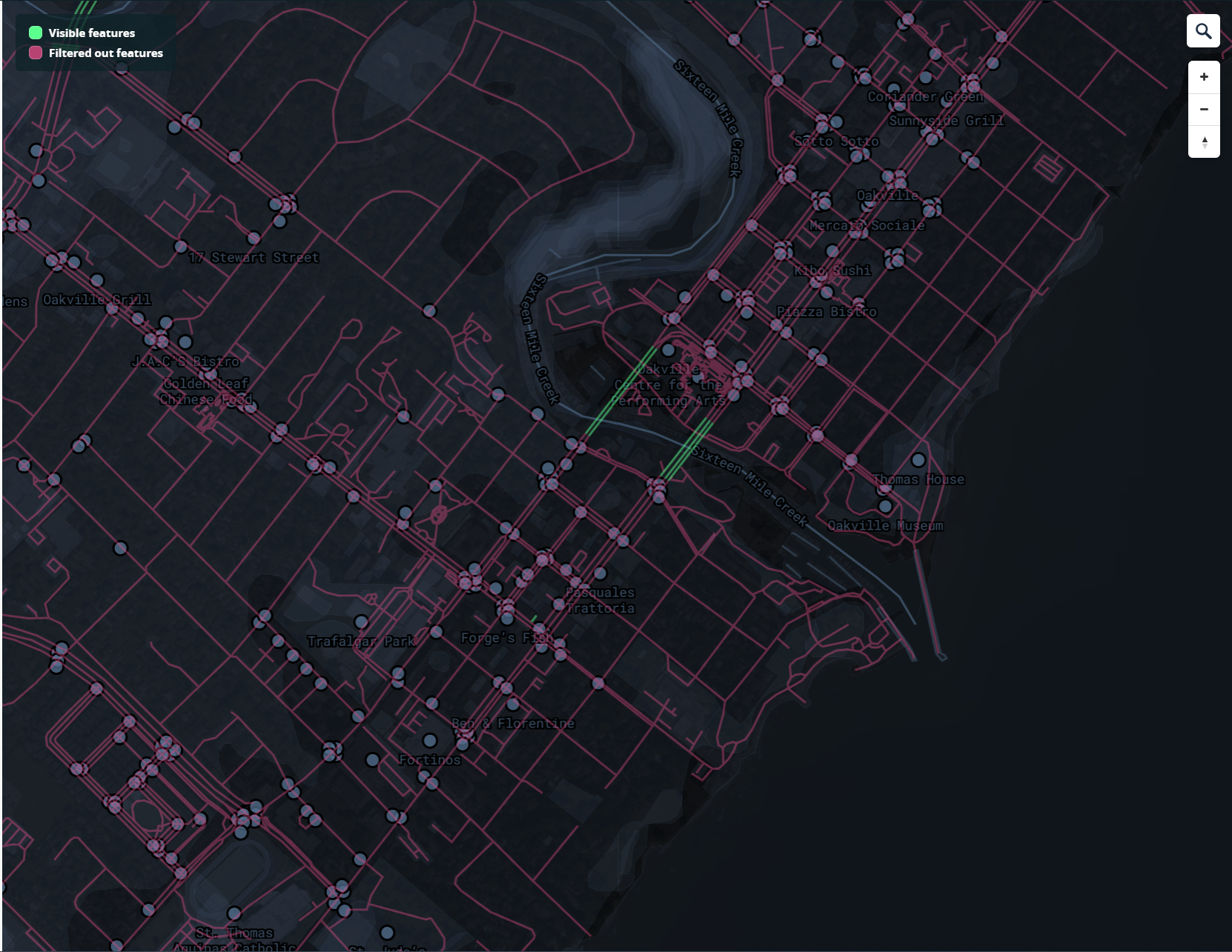 This map clearly displays roadways and transit lines in Oakville and I really like the contrast and how visible the data is on this map.