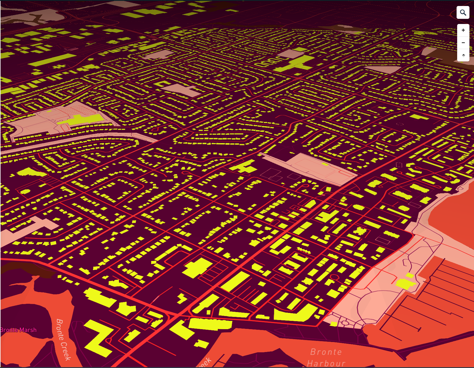 This map is showing all the buildings in Oakville and while this colour scheme is not my favourite I do like how visible the information is.